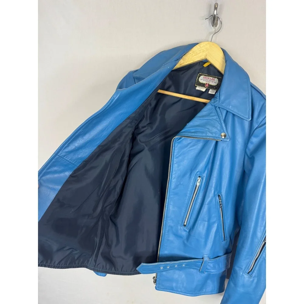 Shields Sportswear Vintage 70s Blue Leather Motorcycle Jacket Mens 36 Biker Moto